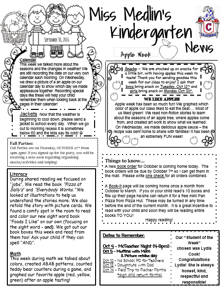 Newsletters - Mrs. Martin's Kindergarten Class